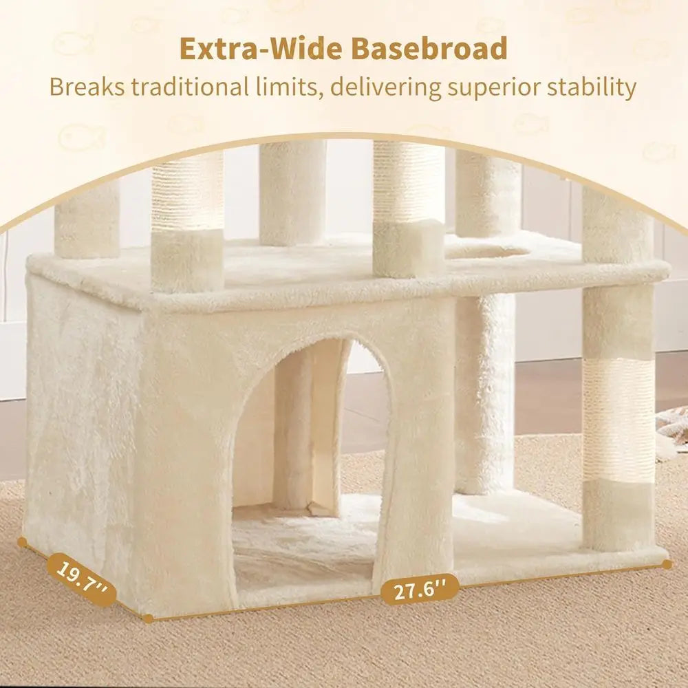 71 High Maine Coon Cat Tower with Large Base, Multi-Level Perches, 2 Hammocks & 12 Scratching Posts, Beige