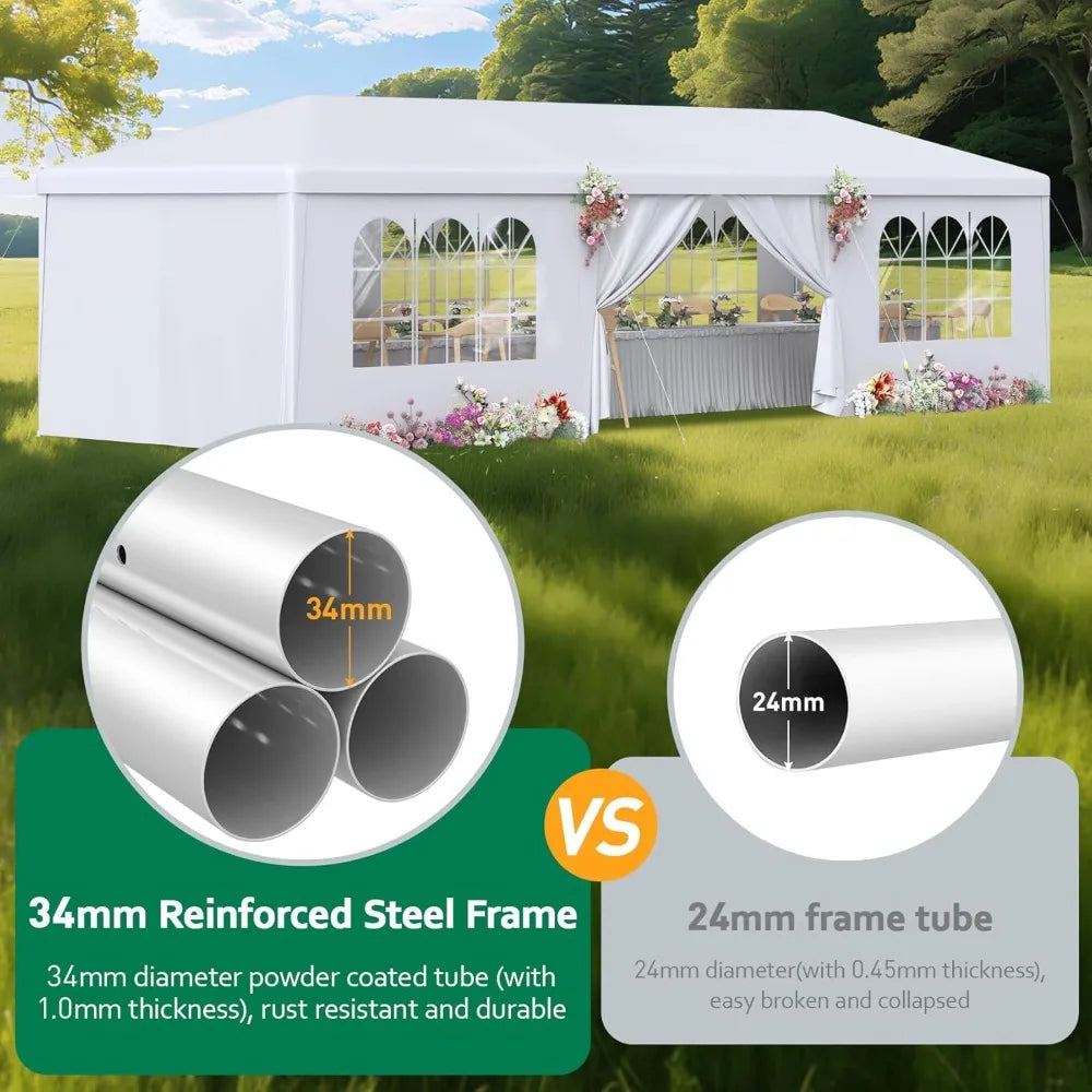 2025 Enhanced 10x30 Outdoor Party Tent, Suitable for Weddings, Birthdays, and Large Canopies with 8 Sidewalls and Clear Panels