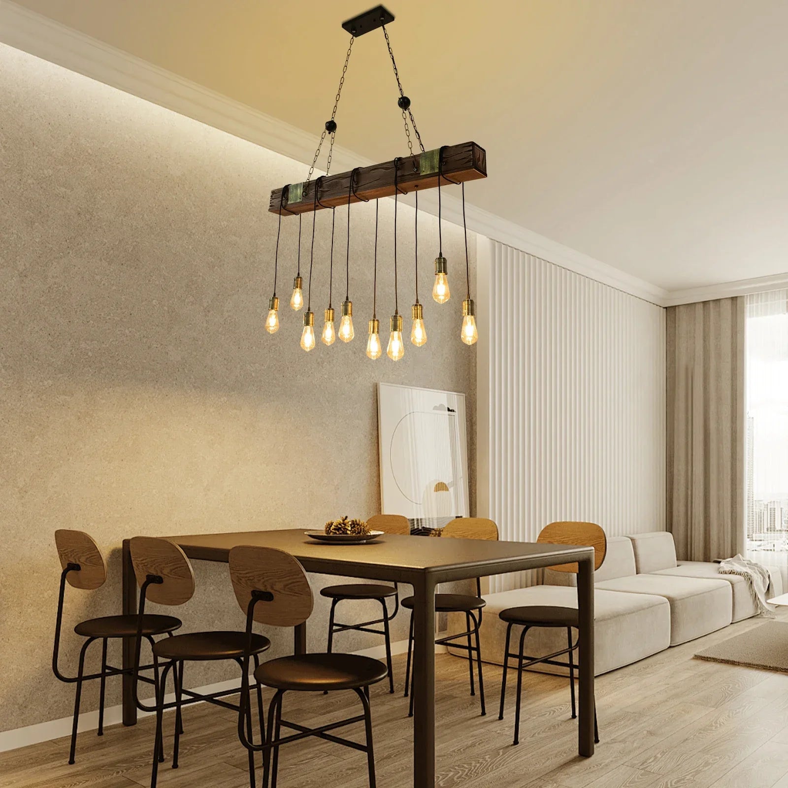 10-Light Rustic Industrial Wooden Chandelier Pendant Light Hanging Fixture, Vintage Farmhouse Style, Adjustable Chain Lighting