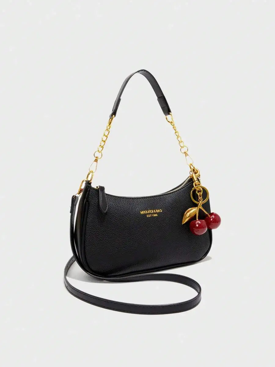 Black Pebbled PU Crescent Shoulder Bag with Gold Chain & Cherry Charm