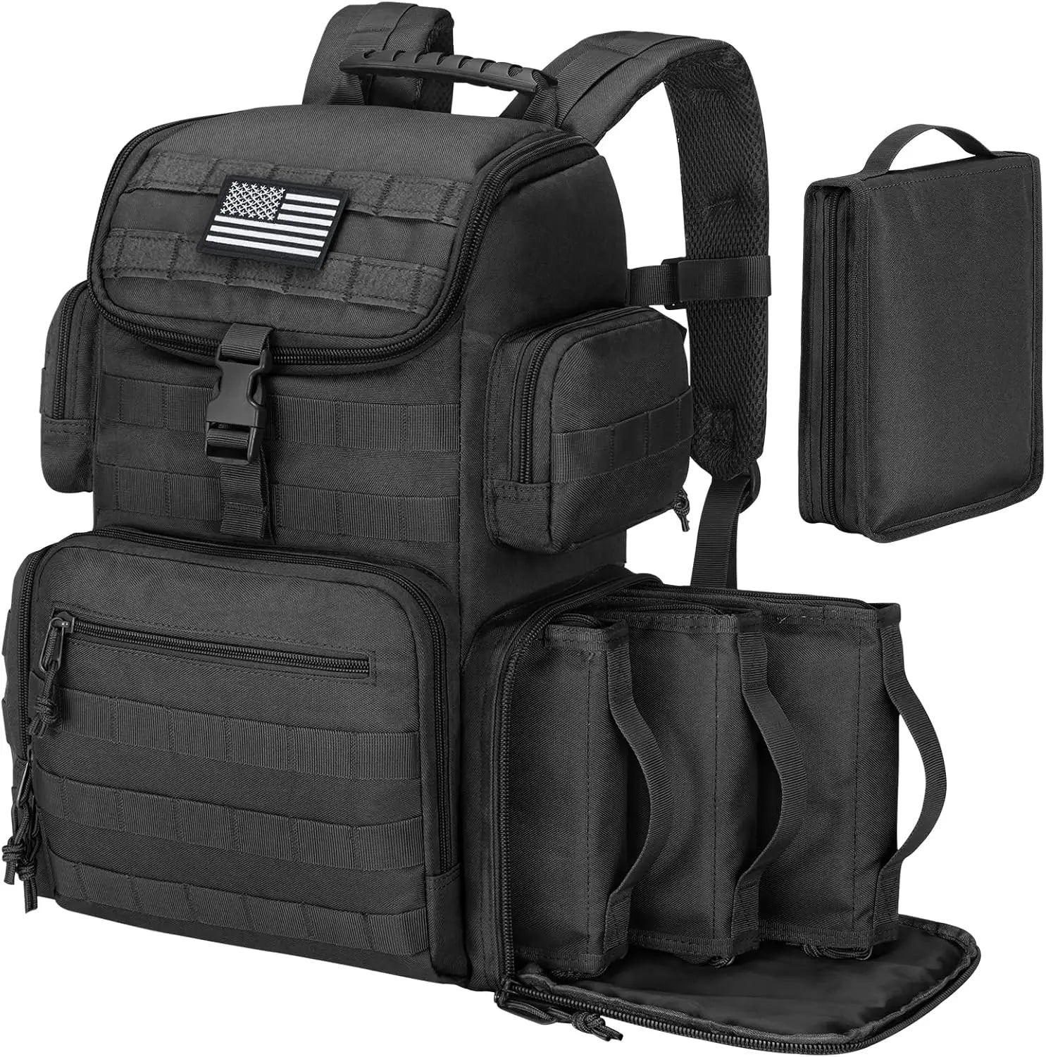 Tactical Range Backpack with Removable Divider, 4 Pistol Cases, Black Medium Rucksack for Shooting