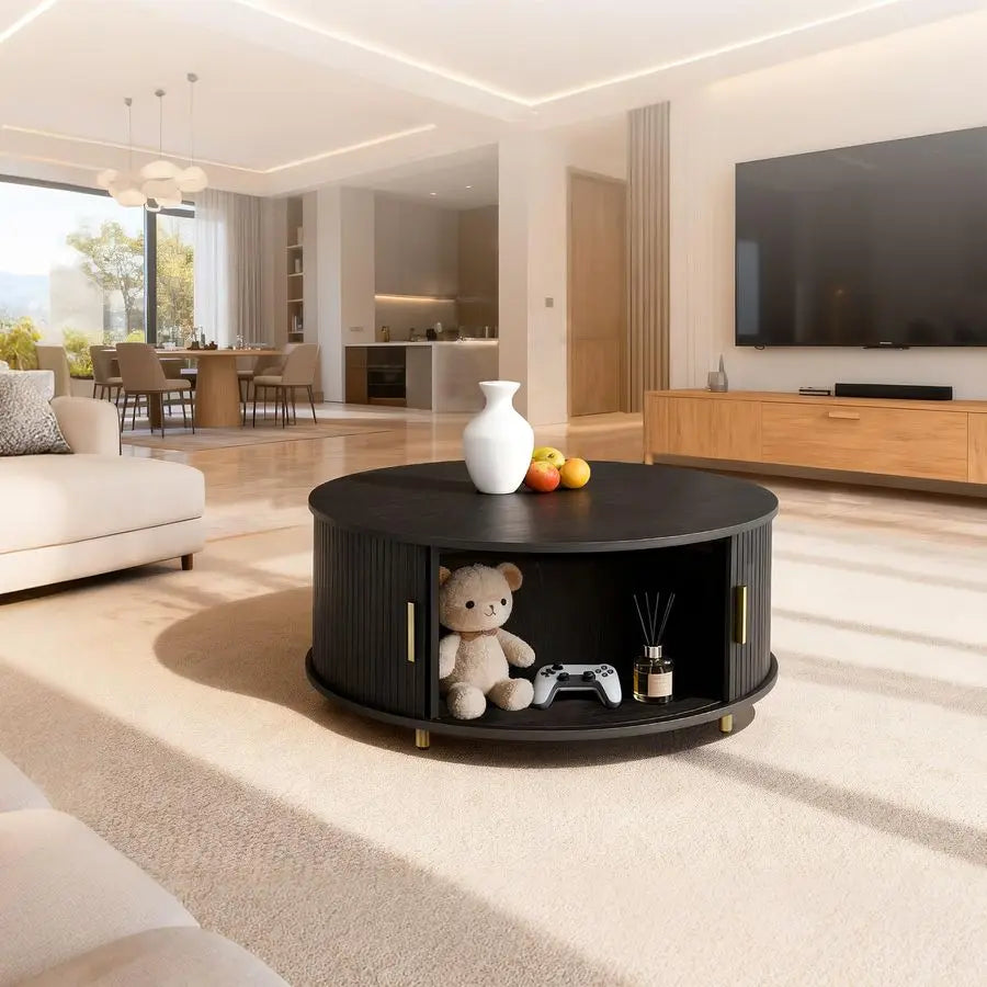 Round Coffee Table, 31.5 Mid Century Modern Coffee Table with 360 Sliding Tambour Door, Fluted Accent Coffee Table with Storage