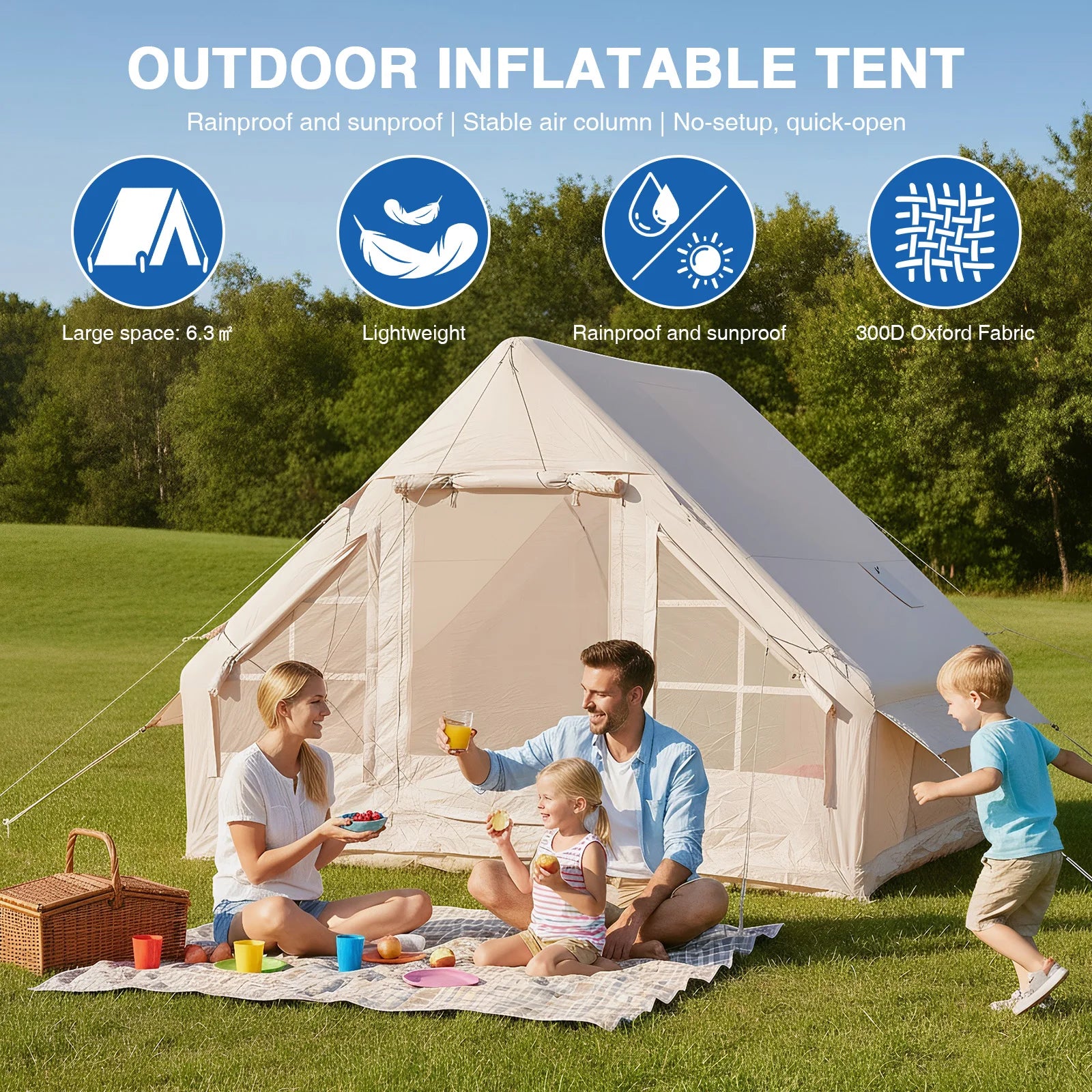 Inflatable Camping Tents with Hand Pump Air Glamping Tent Easy Setup 300D Oxford Waterproof and Windproof Blow up Tent 4 Seasons