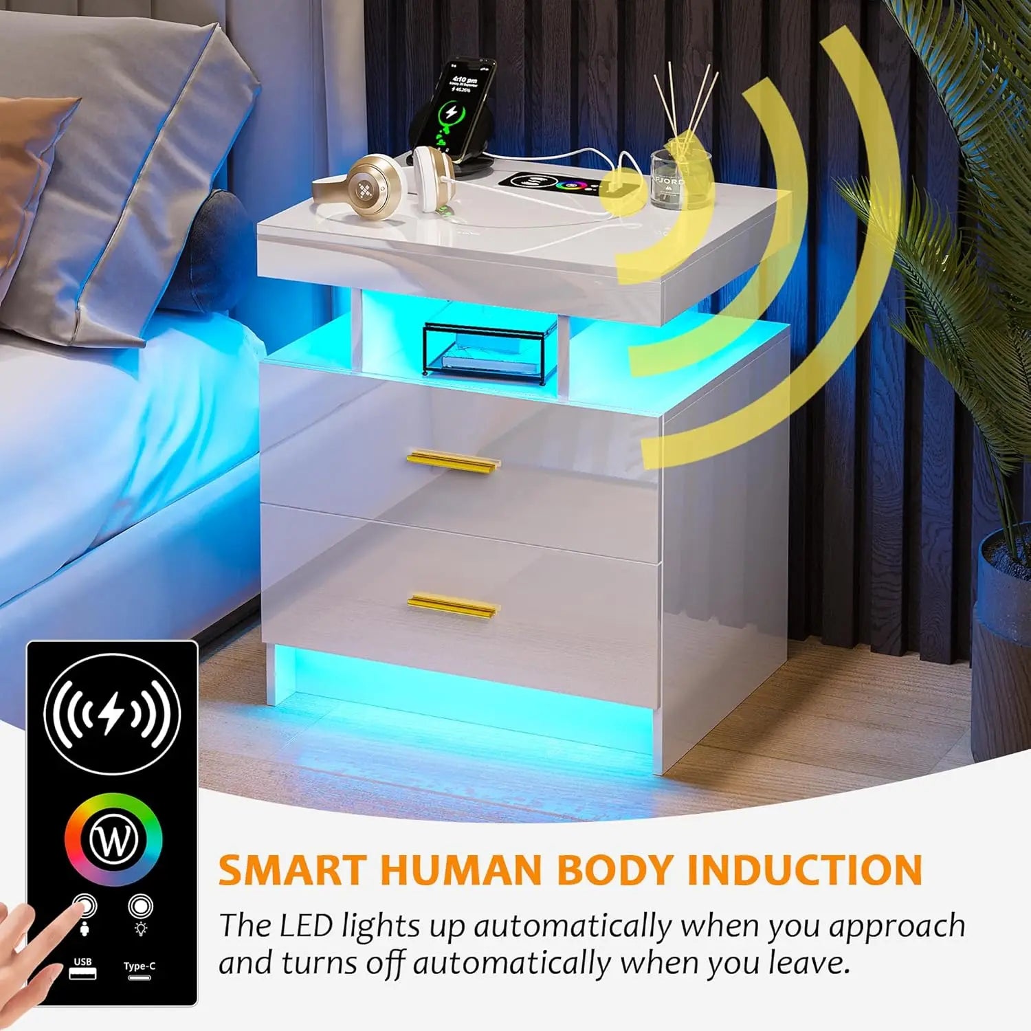 RGB LED Nightstand Set of 2 with Charging, Modern White Bedside Table with 2 Drawers