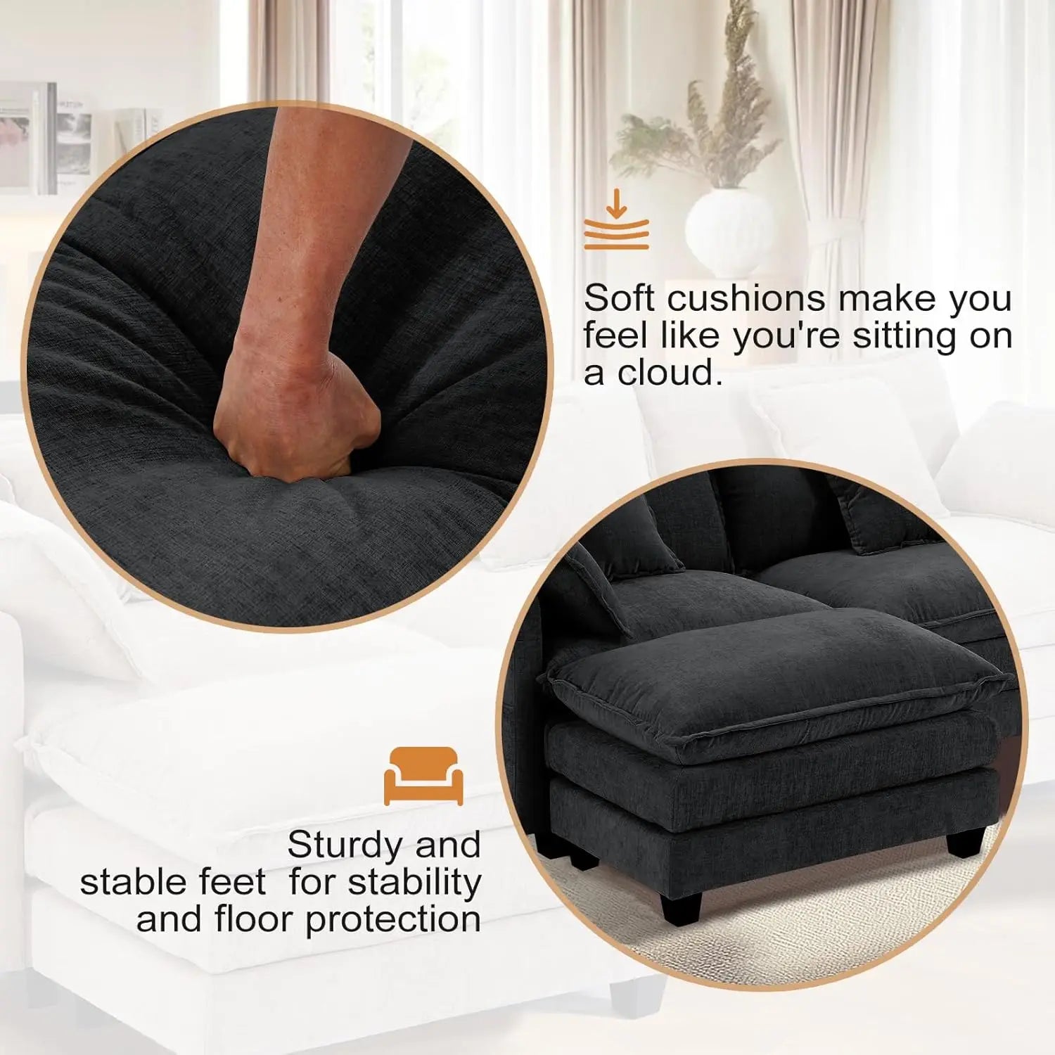 Oversized Accent Chair with Ottoman, Black Chenille Sofa Couch, Upholstered Chaise Lounge with Pillows for Living Room or Bedroo