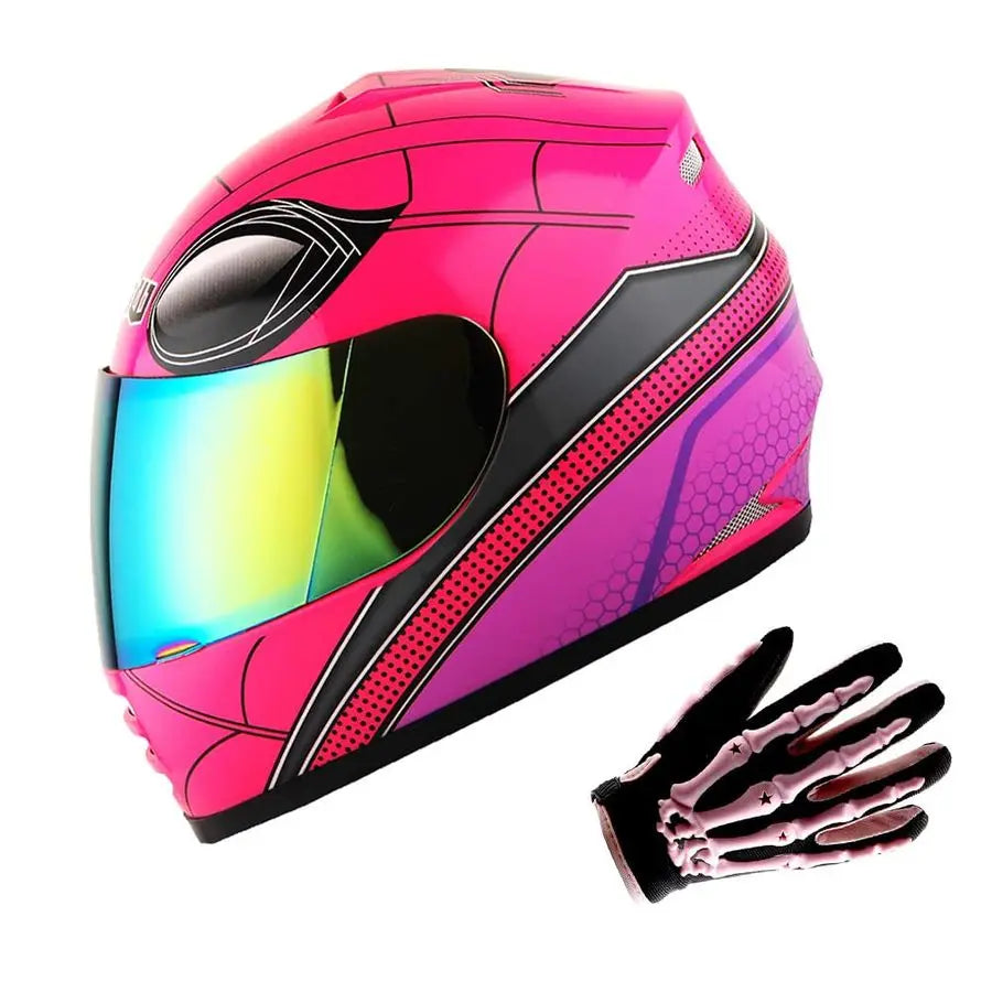 Youth Motorcycle Full Face Helmet Street Bike BMX MX Kids Spider Pink MX Skeleton Glove Bundle