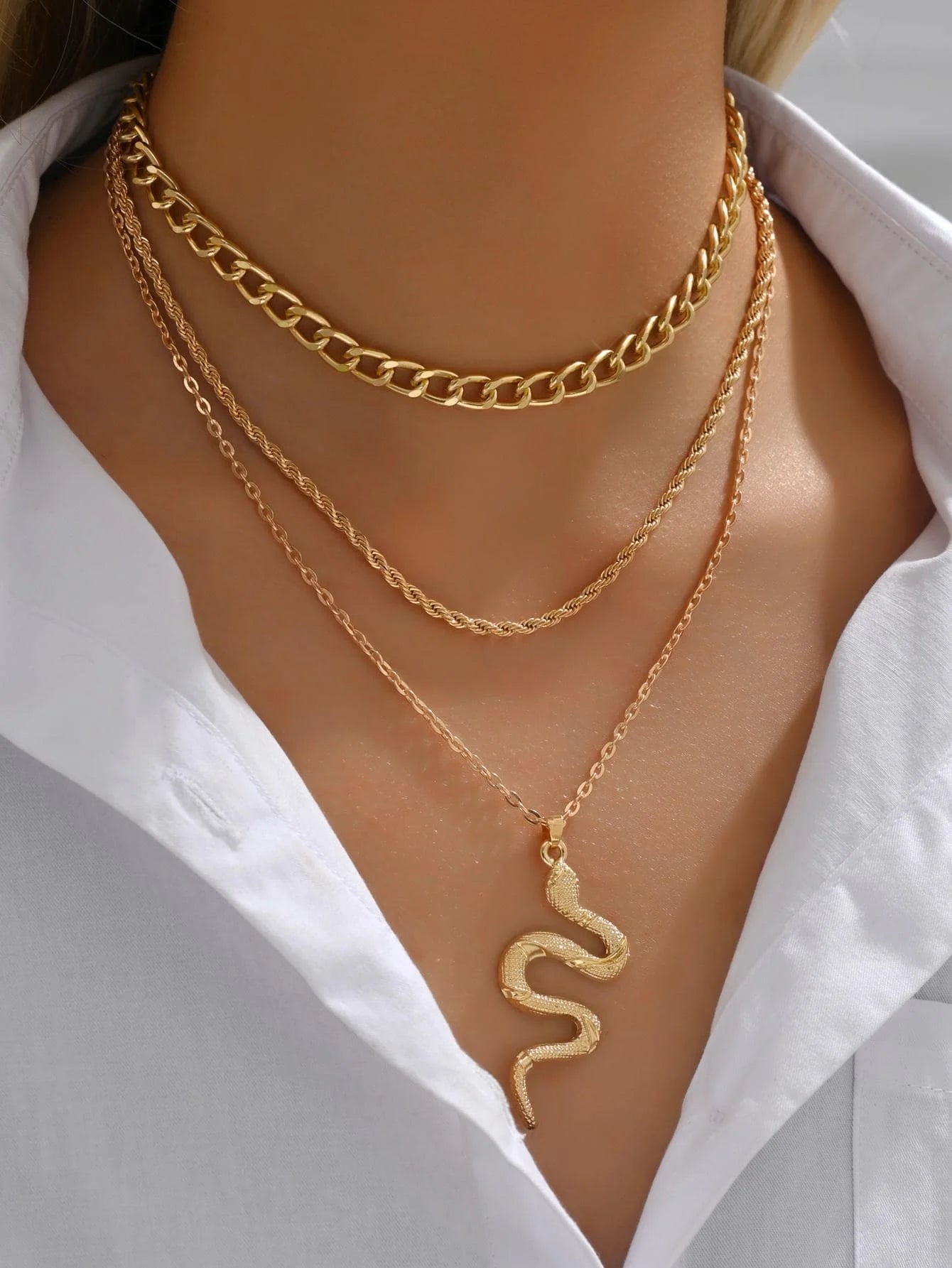 3-Layer Gold Snake Pendant Necklace Set for Women, Chunky Chain & Rope Layering Jewelry