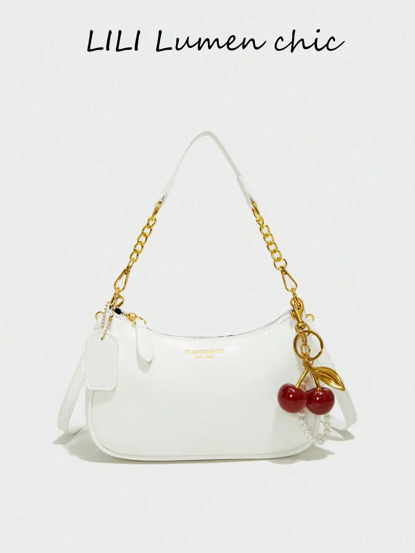 Black Pebbled PU Crescent Shoulder Bag with Gold Chain & Cherry Charm