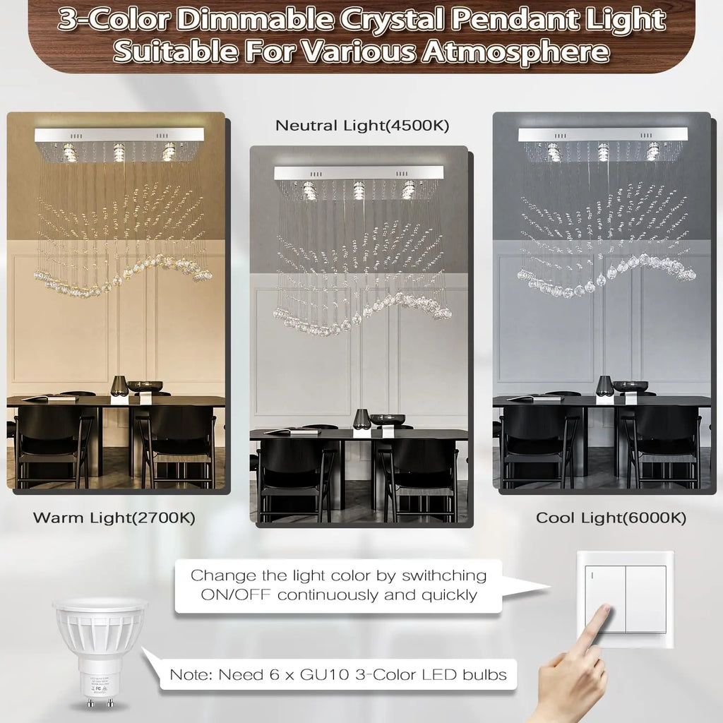 31.5'' Rectangular Linear Crystal Chandelier for Kitchen Island, 6-Light GU10 Hanging Pendant Light, Height Adjustable K9 Crysta