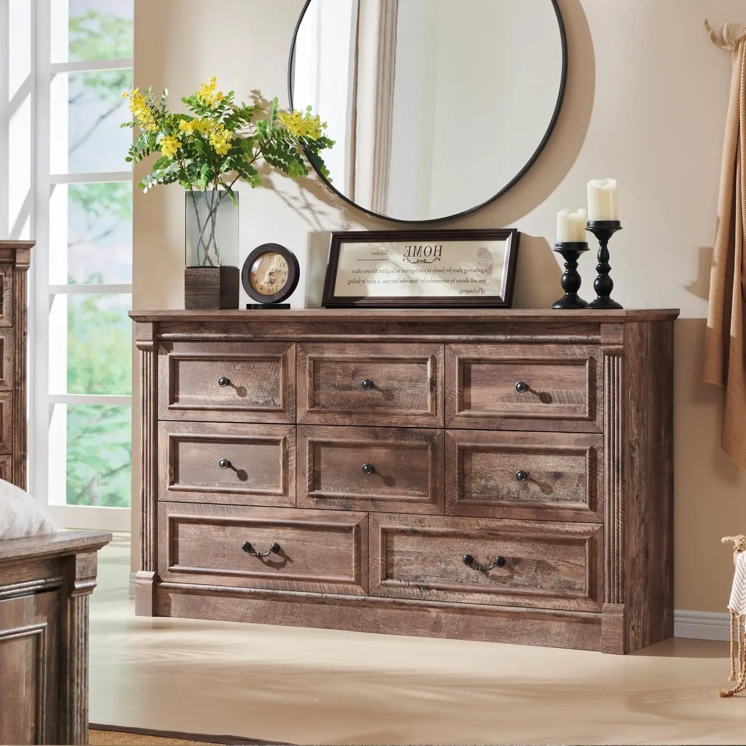 Farmhouse 8 drawer dresser, 61" wide large chest of drawers with Roman Columns, bedroom, hallway, living room, storage