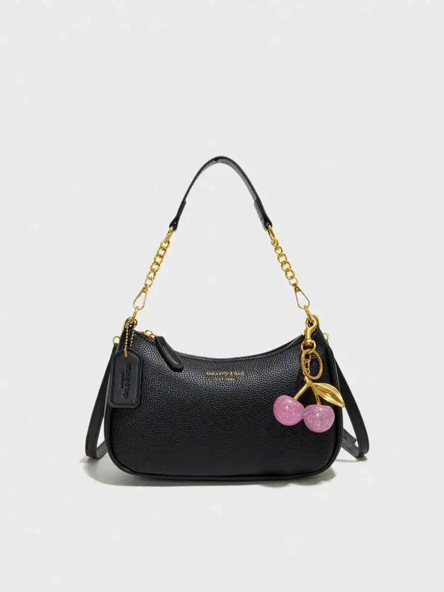 Black Pebbled PU Crescent Shoulder Bag with Gold Chain & Cherry Charm