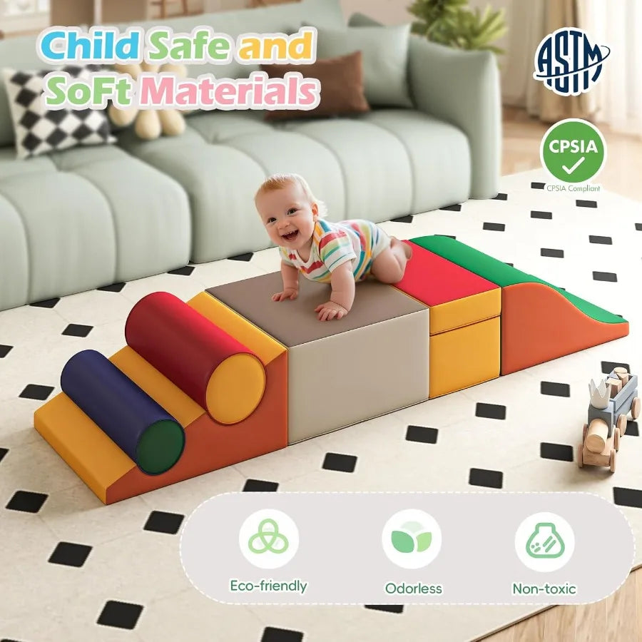 Indoor Climbing Toys Equipment for and Soft Foam Climbing Blocks with PU Leather Gym Climb Crawl Classic Grey Macaron Soft Acti