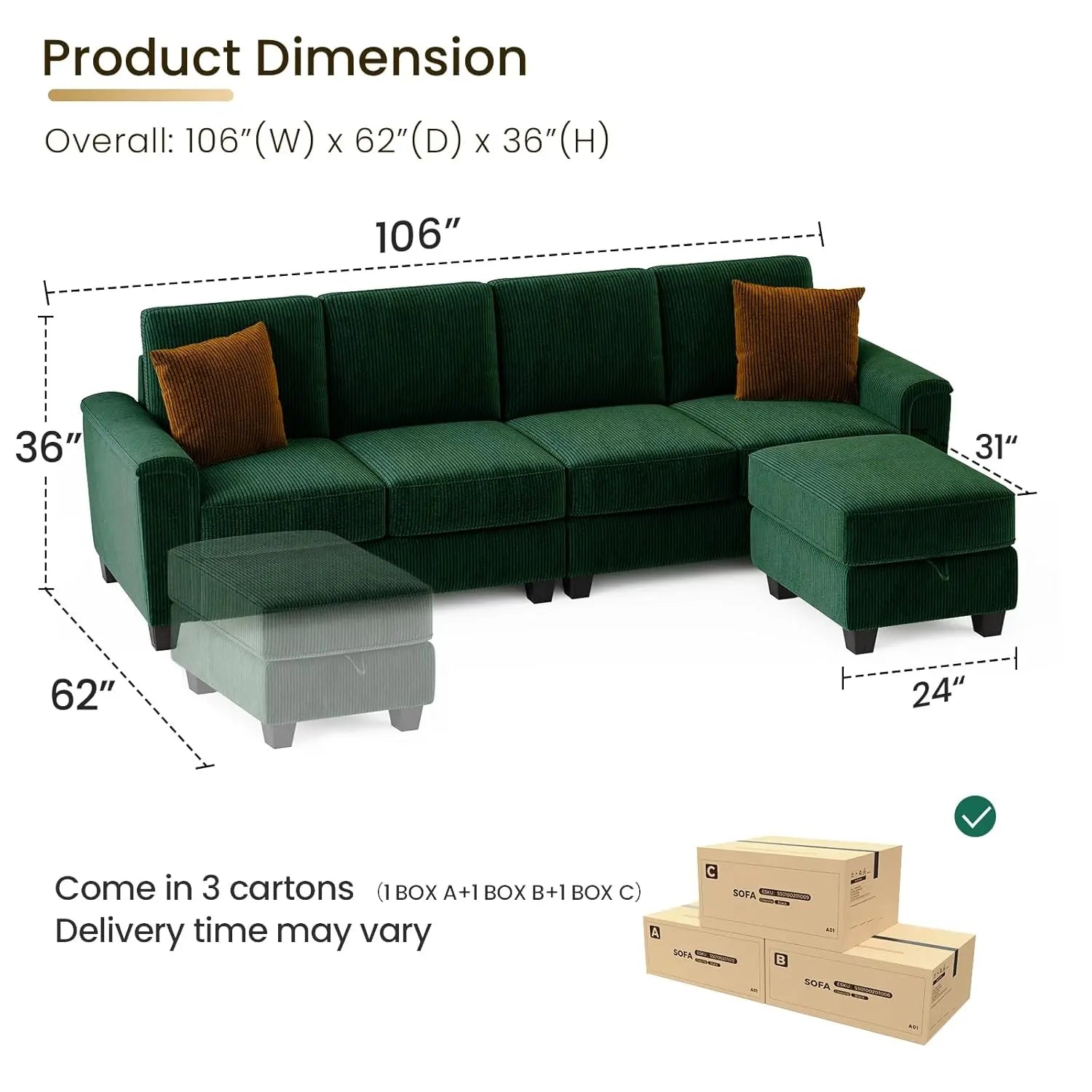 106 Inch L Shaped Sectional Sofa Couch with Storage 5 Seater Corduroy Modern Customized Living Room Home Sofas