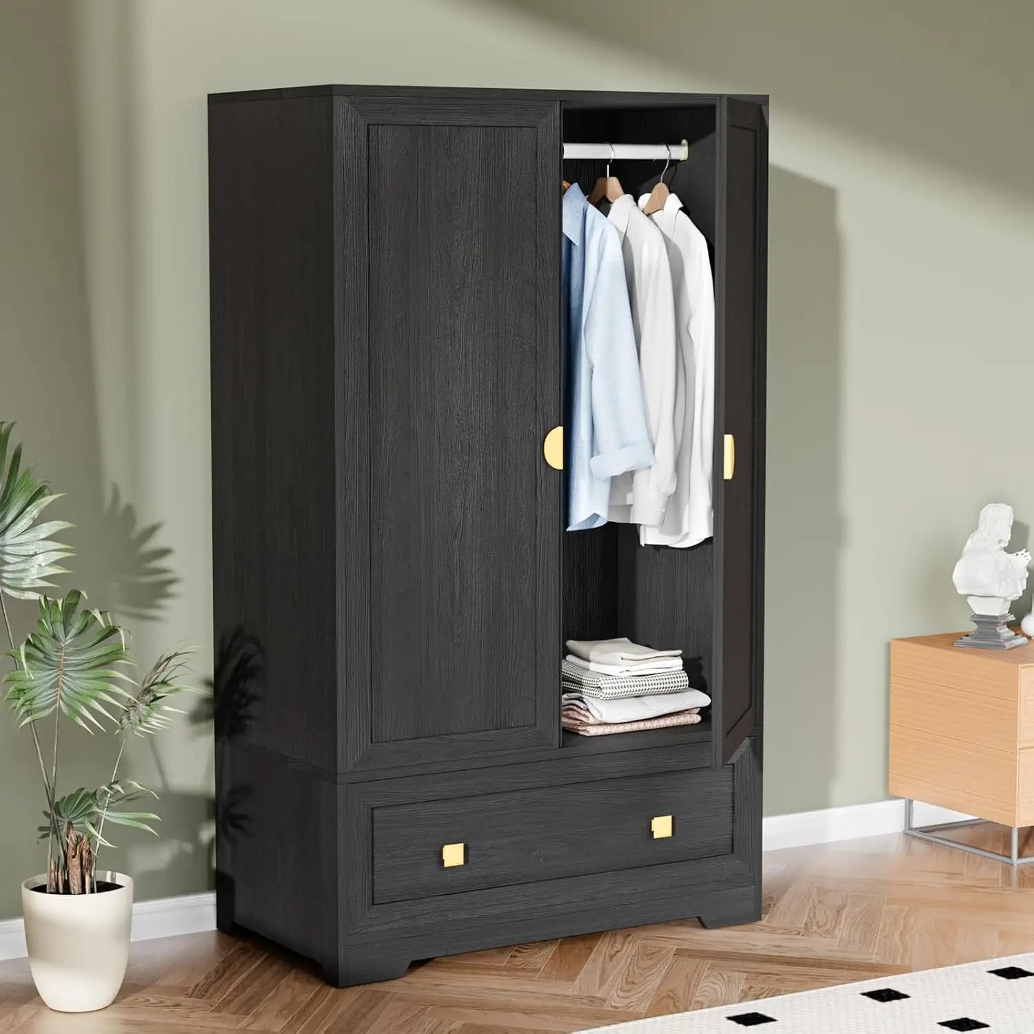 Armoire Wardrobe Closet With Doors, Hanging Rod, Shelves and Drawer - Freestanding Cabinet for Bedroom, Dorm - Oak,, Customized