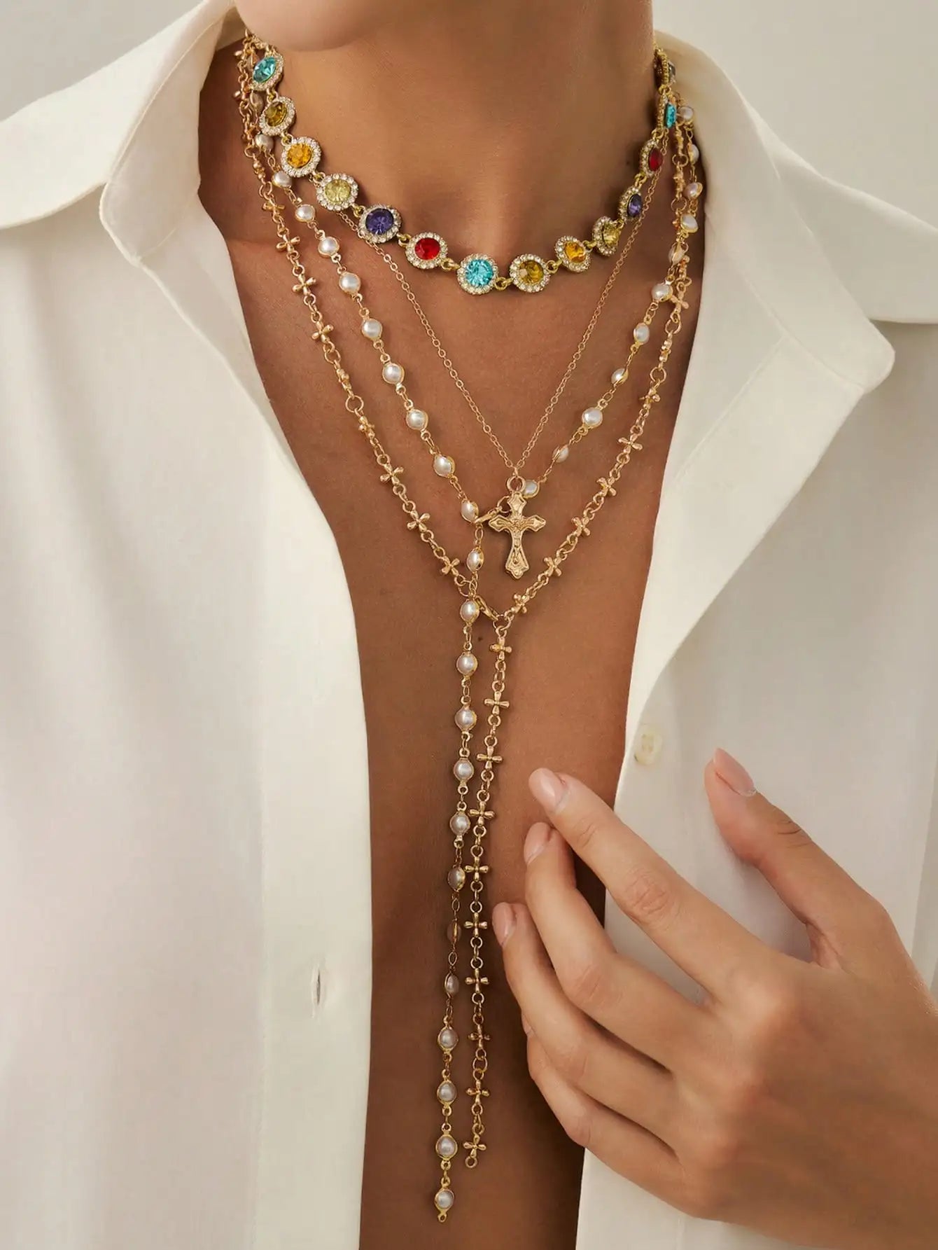 5pcs Set Vintage Gold Sun & Cross Pendant Layered Necklaces with Pearls & Colorful Crystals for Women