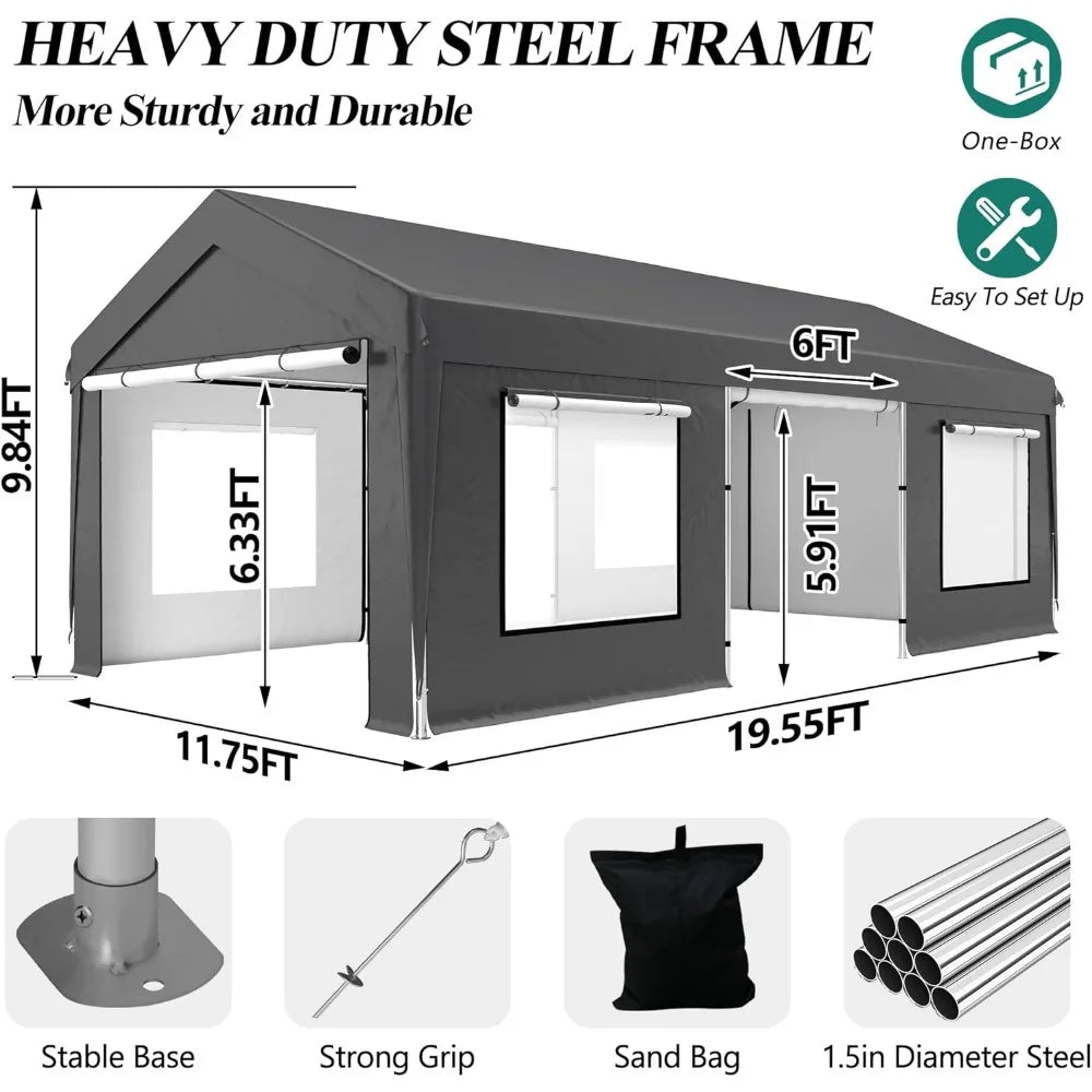 GARTOO Upgrade 12' x 20' Heavy Duty Carport - Extra Large Outdoor Shelter with Roll-up Ventilated Windows & Side Doors, Portable