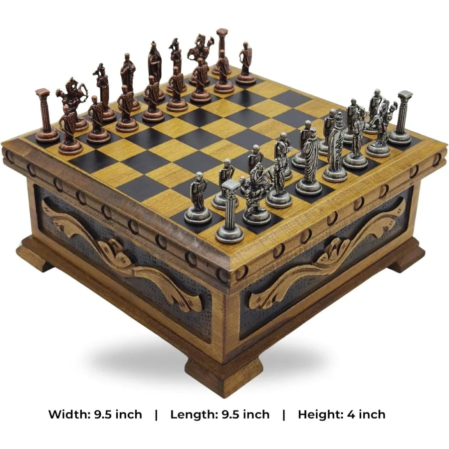 Wooden Chess Set with Storage Handcrafted Chess Board and British Figure Metal Chess Pieces Decorative Chess Game for Adults Pr