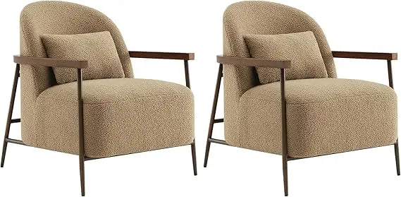 Accent Chair for Living Room Set of 2, FSC Certified Modern Upholstered Faux Sherpa Fabric Armchair with Metal Frame and W