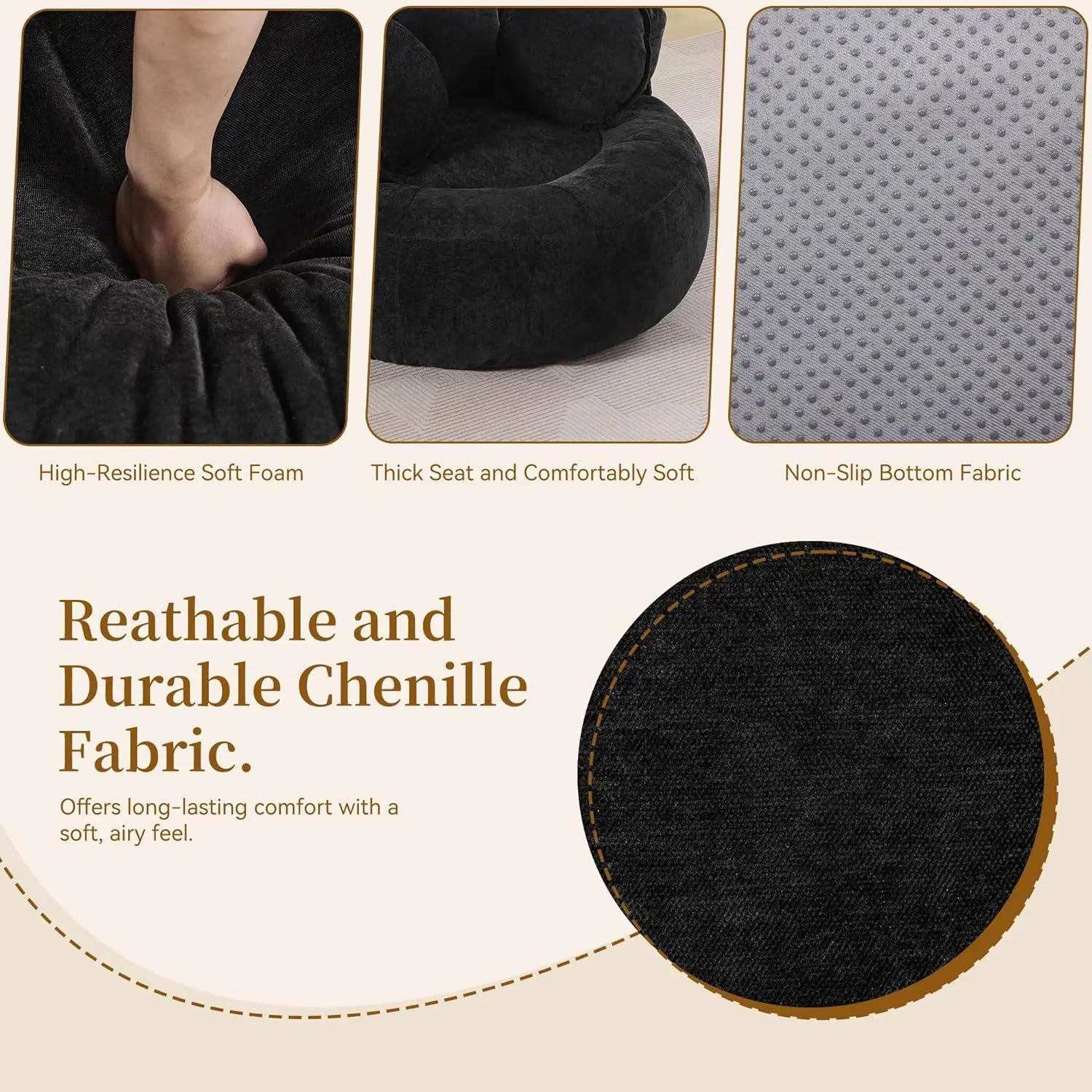 Oversized Chair Floor Sofa Chair, Chenille Compressed Circle Chaise Lounge, No Assembly Boneless Barrel Chair, Lazy Bean B