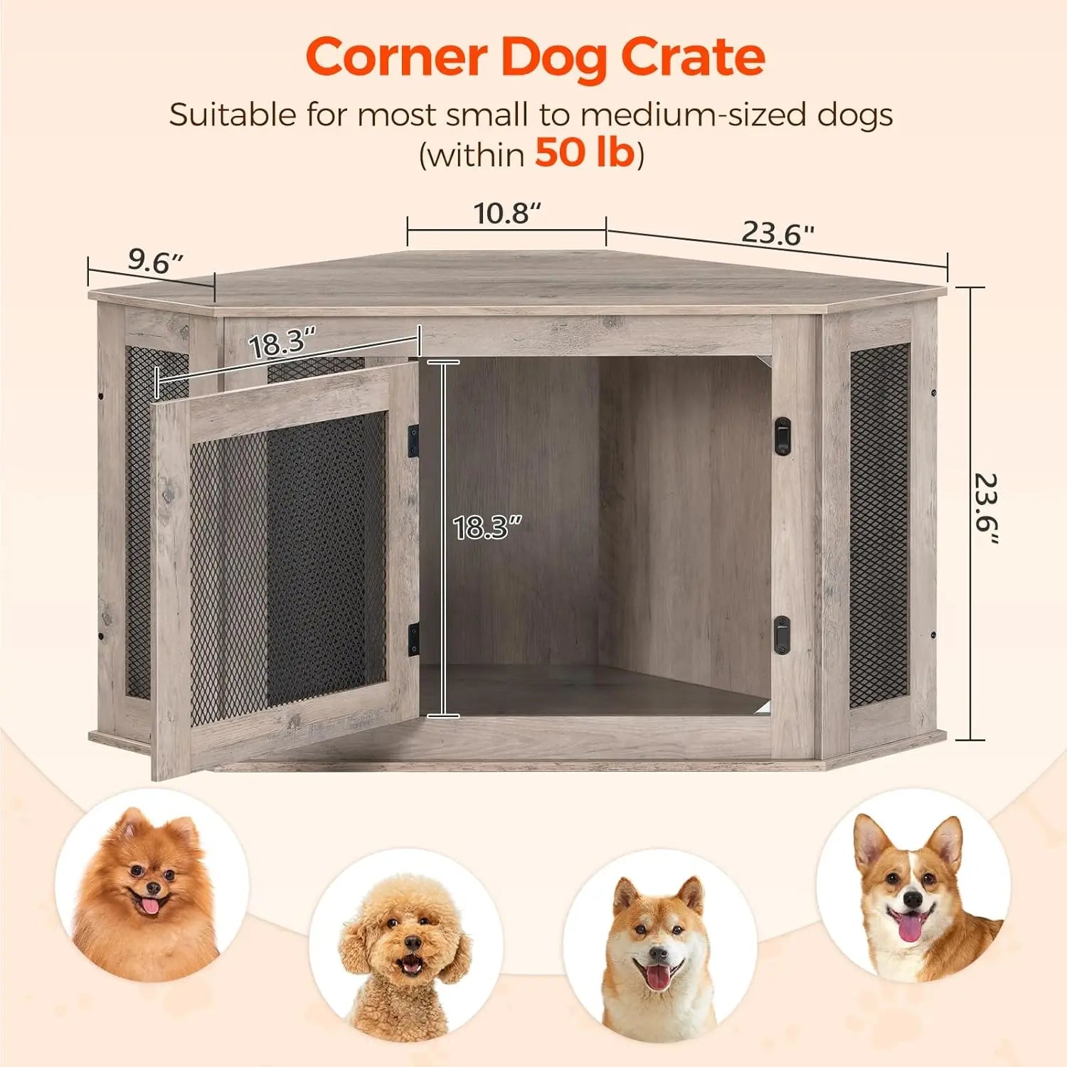 Corner Dog Crate Furniture, Wooden Kennel End Table for Small Medium Dogs, Decorative Pet Cage Indoor Use