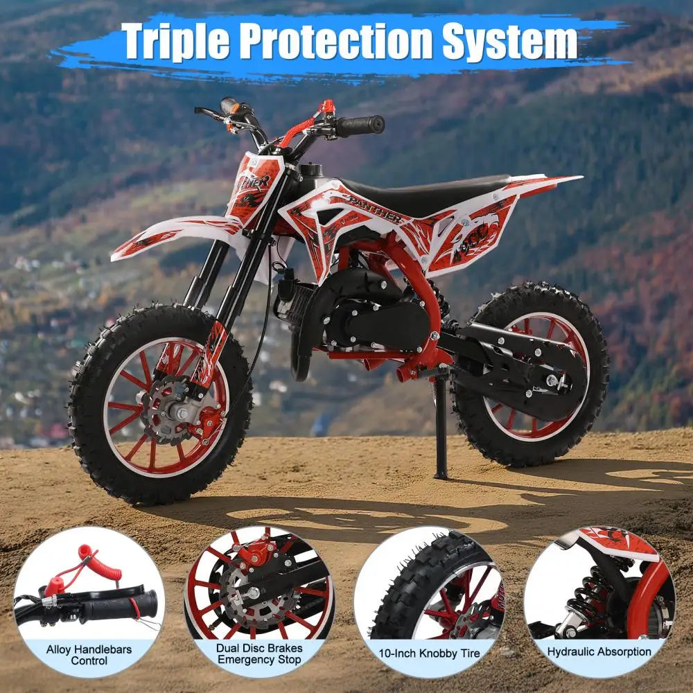 49cc 2-stroke off-road motorcycle, High performance mini motorcycle, equipped with brake system, and other safety devices