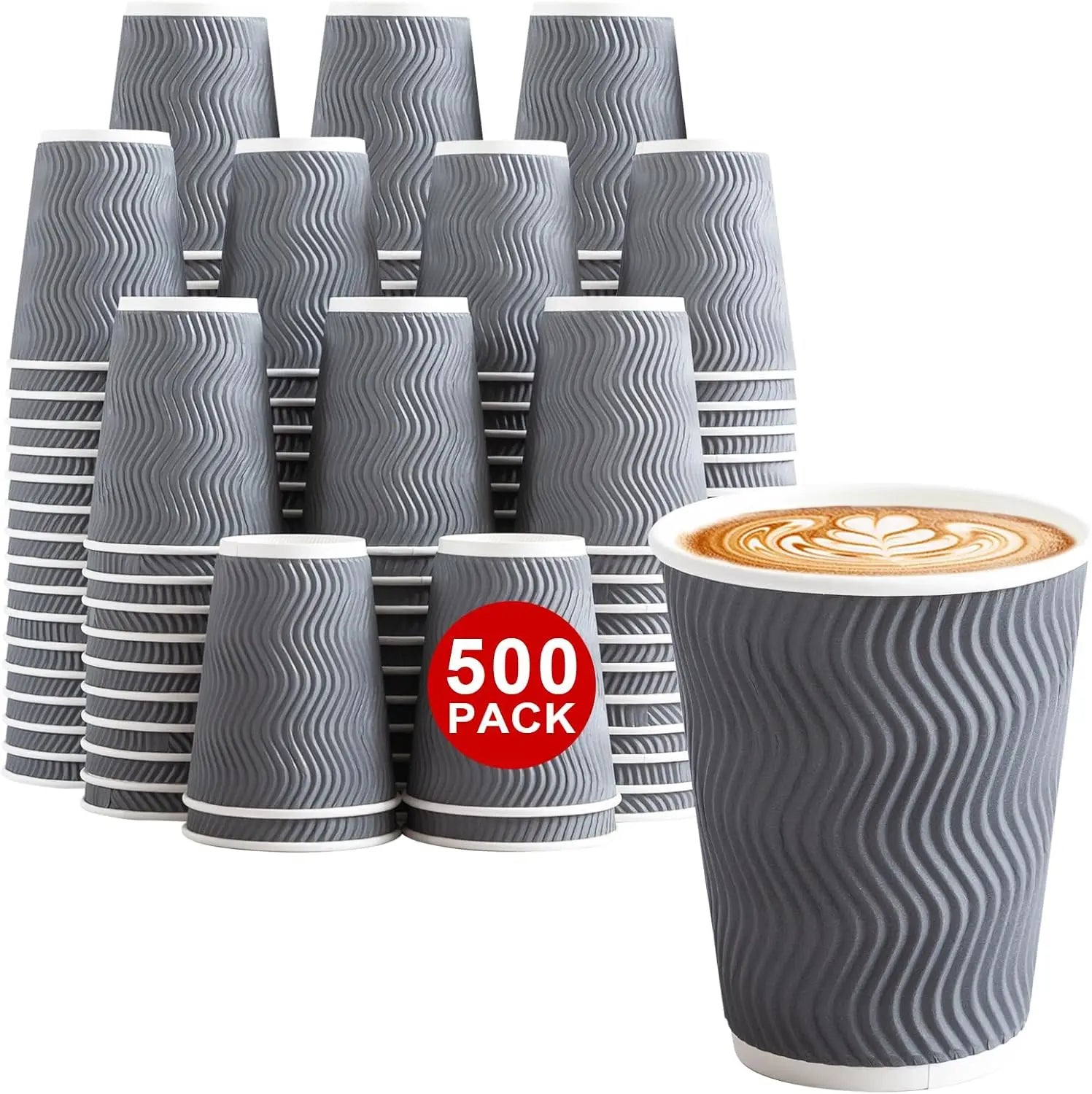 500 Count 12 oz Insulated Disposable Paper Cups, Corrugated Ripple Wall for Hot Beverages (Grey)