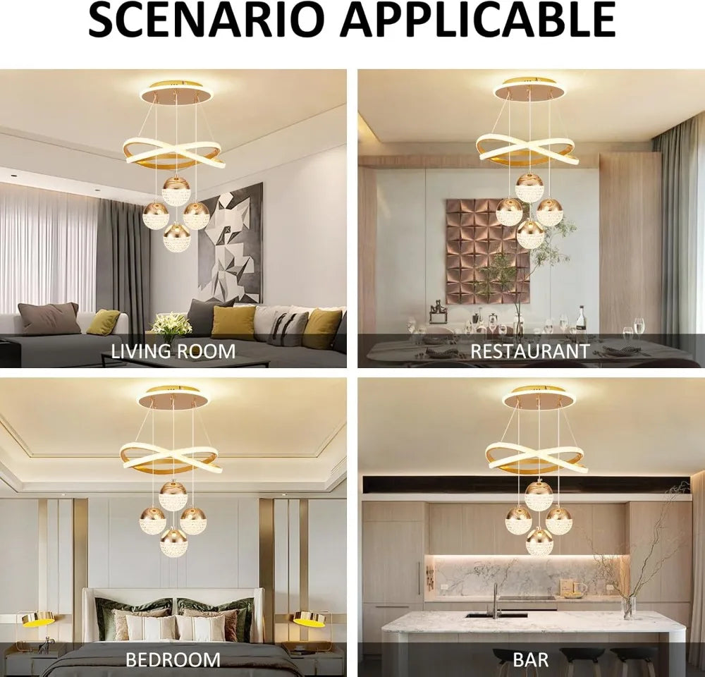 Modern Gold LED Chandelier, 3-Color Dimmable Pendant Light for Kitchen Island, Dining Room, Living Room