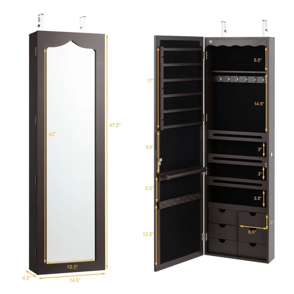 Lockable Wall Door Mounted Jewelry Cabinet LED Mirror Brown