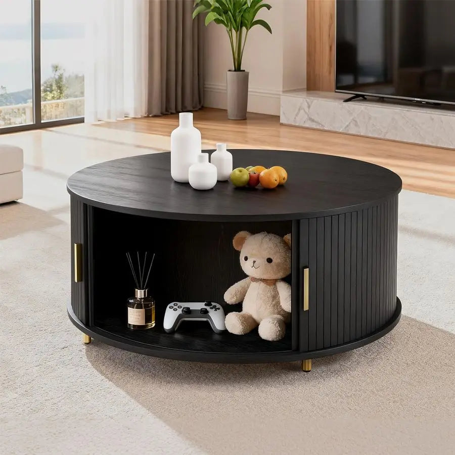 Round Coffee Table, 31.5 Mid Century Modern Coffee Table with 360 Sliding Tambour Door, Fluted Accent Coffee Table with Storage