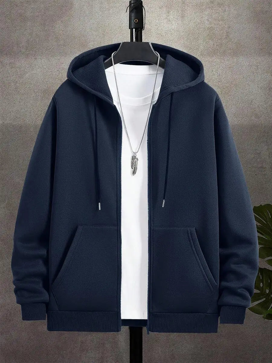 Men's Casual Zip-Up Hoodie with Drawstring, Long Sleeve, Autumn Outdoor Wear