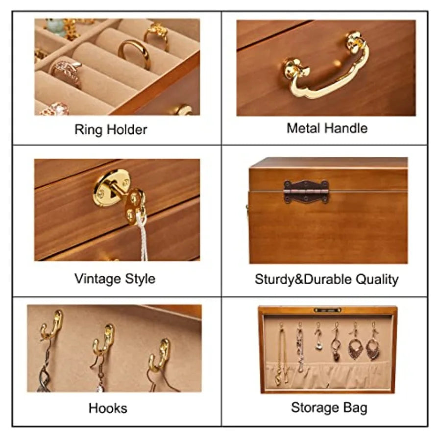 Wooden Jewelry Box for Women Organizer Box of Solild Wood with Combo Lock for Jewelries Watches Necklace Ring Storage Box Light