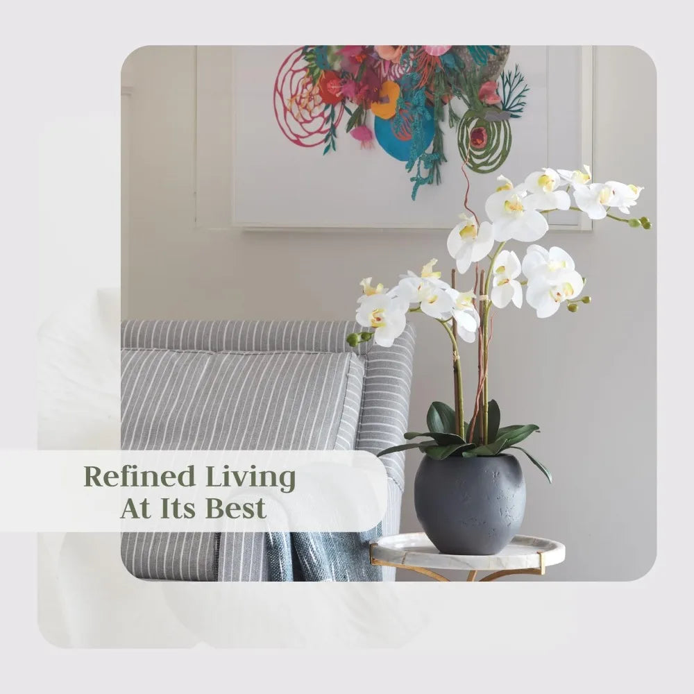 Hunter Faux White Orchid Plant, Premium Artificial Indoor Flower Display Stands 25-Inches with Beautiful Sculptural Blooms