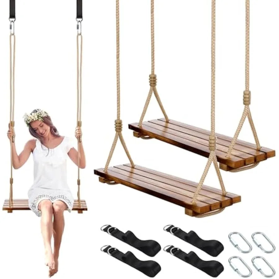 2 Pcs Wood Swing Seat Carbonized Hanging Tree Swing Adjustable Anticorrosive Waterproof Wooden Swing 440lbs Load Indoor Outdoor