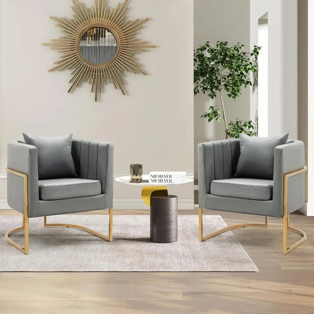 Mid-Century Modern Accent Chairs Set of 2, Grey Upholstered Barrel Armchairs with Gold Metal Legs for Living Room & Bedroom Comf