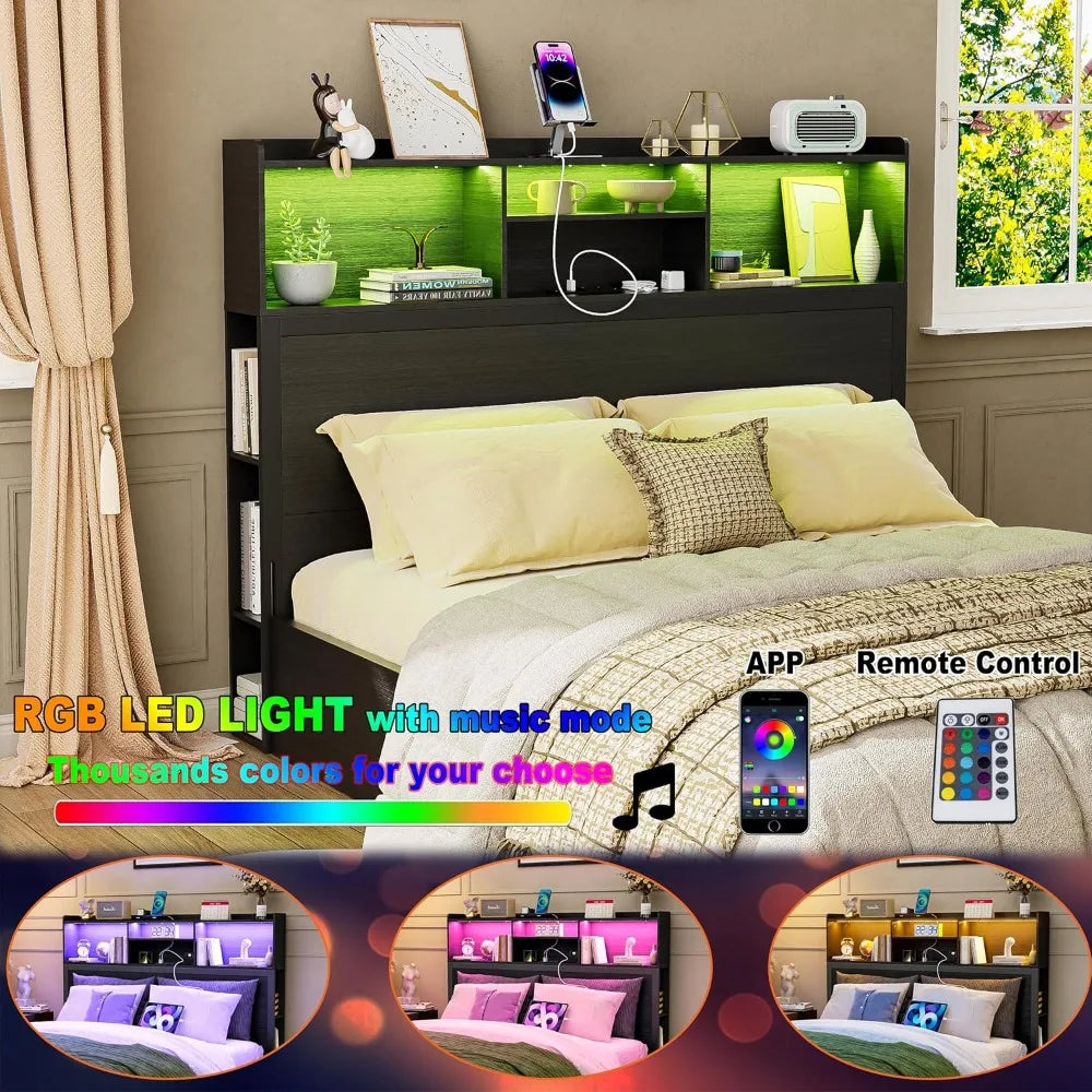PAKASEPT Queen Headboard with Storage, Modern Bookcase Headboard with Adjustable LED Lights & Charging Station for Bedroom, Fash