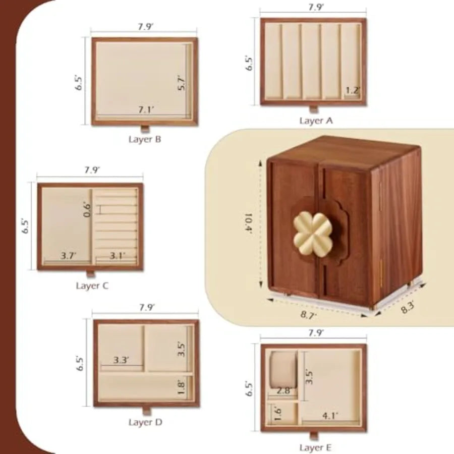 Wooden Jewelry Box 5 Layers Solid Wood Black Walnut Large Jewelry Organizer with Brass Handle for Necklaces Rings Earrings Watc
