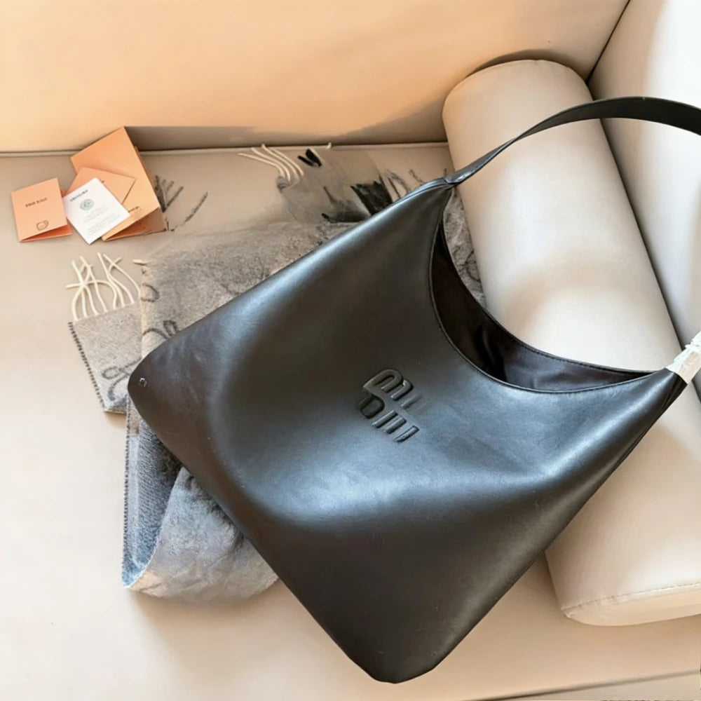 Black Leather Hobo Bag - Trendy Large Capacity Shoulder Bag with Embossed Logo, Fashion Women's Designer Handbag