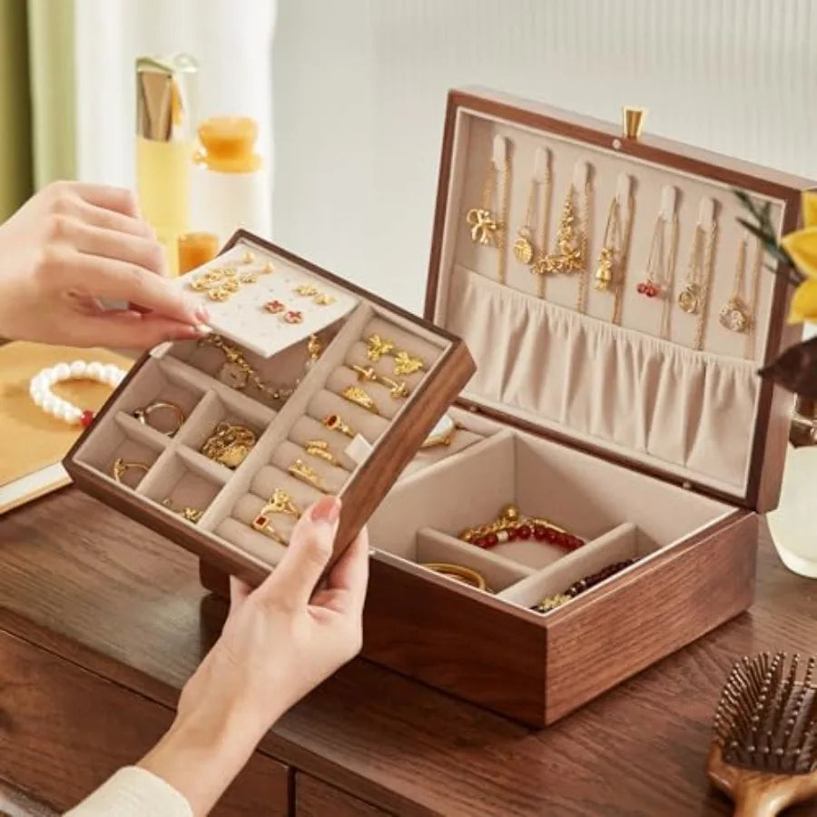 Black Walnut Wooden Jewelry Box for Women 2 Layer Jewelry Organizer with Removable Tray for Watches Rings Earrings Necklace Bra