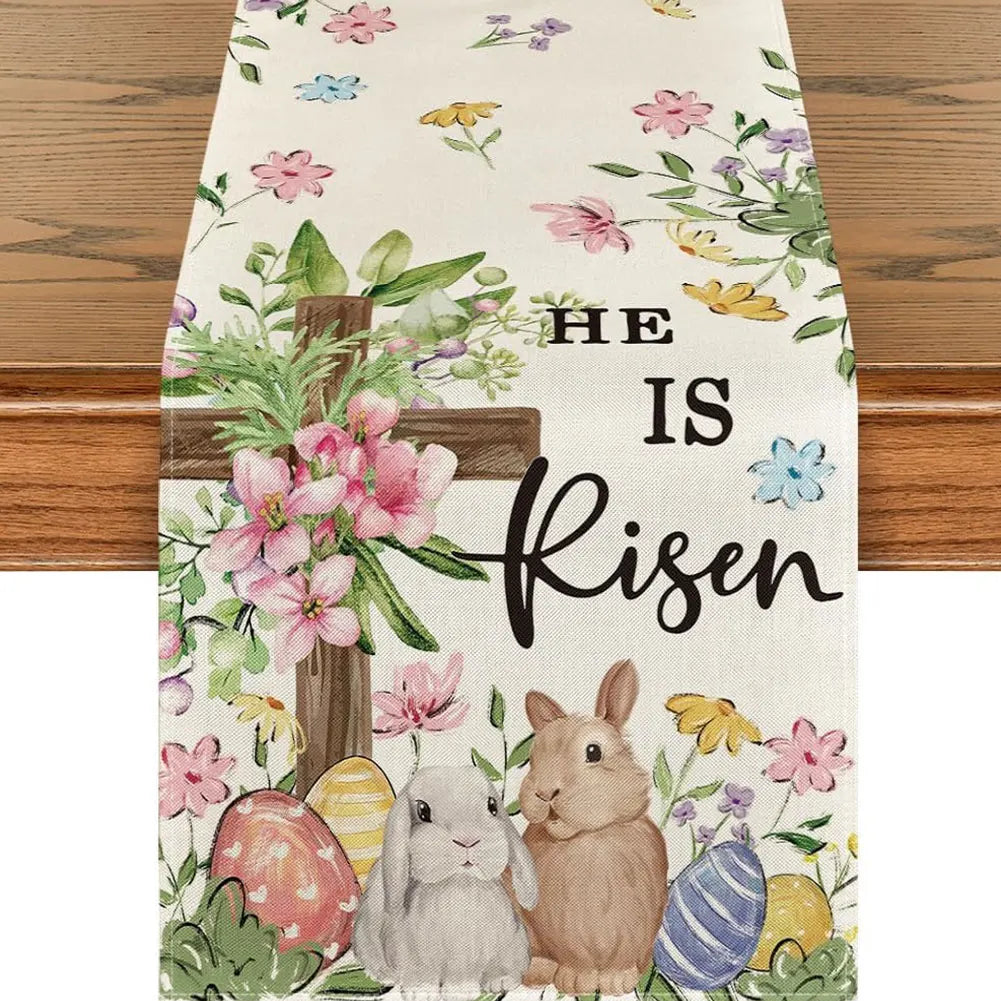 Easter Bunny Linen Table Runner Easter Rabbit Table Runner Washable Easter Bunny Spring Linen Table Runner Holiday Party Decor