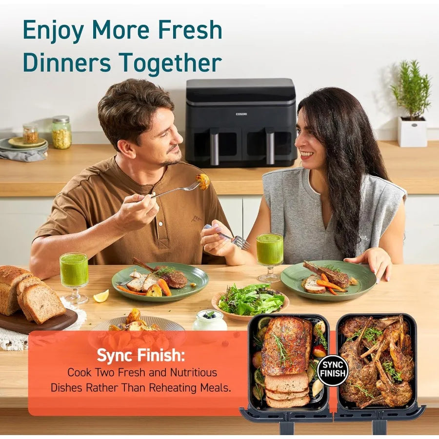 Dual Air Fryer 9Qt 10-in-1 Fresh Balanced Meals for Family and with Double Baskets Sync Cook Finish to Bake Roast Reheat Broil