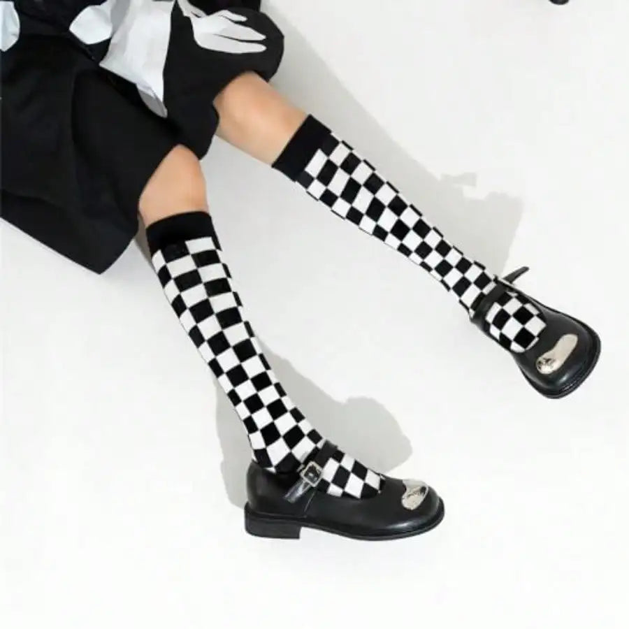 Black and White Checkered Knee High Socks for Women - Cotton Blend, Cute Knit Pattern, Athletic Style