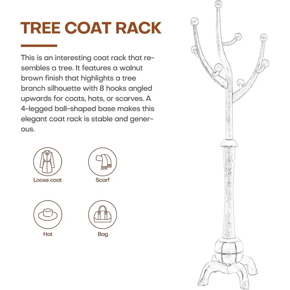 Freestanding Wood Coat Tree Rack with 8 Hooks, Creative Design Tree Branch-look, Standing Coat Rack Clothes Hanger Sta