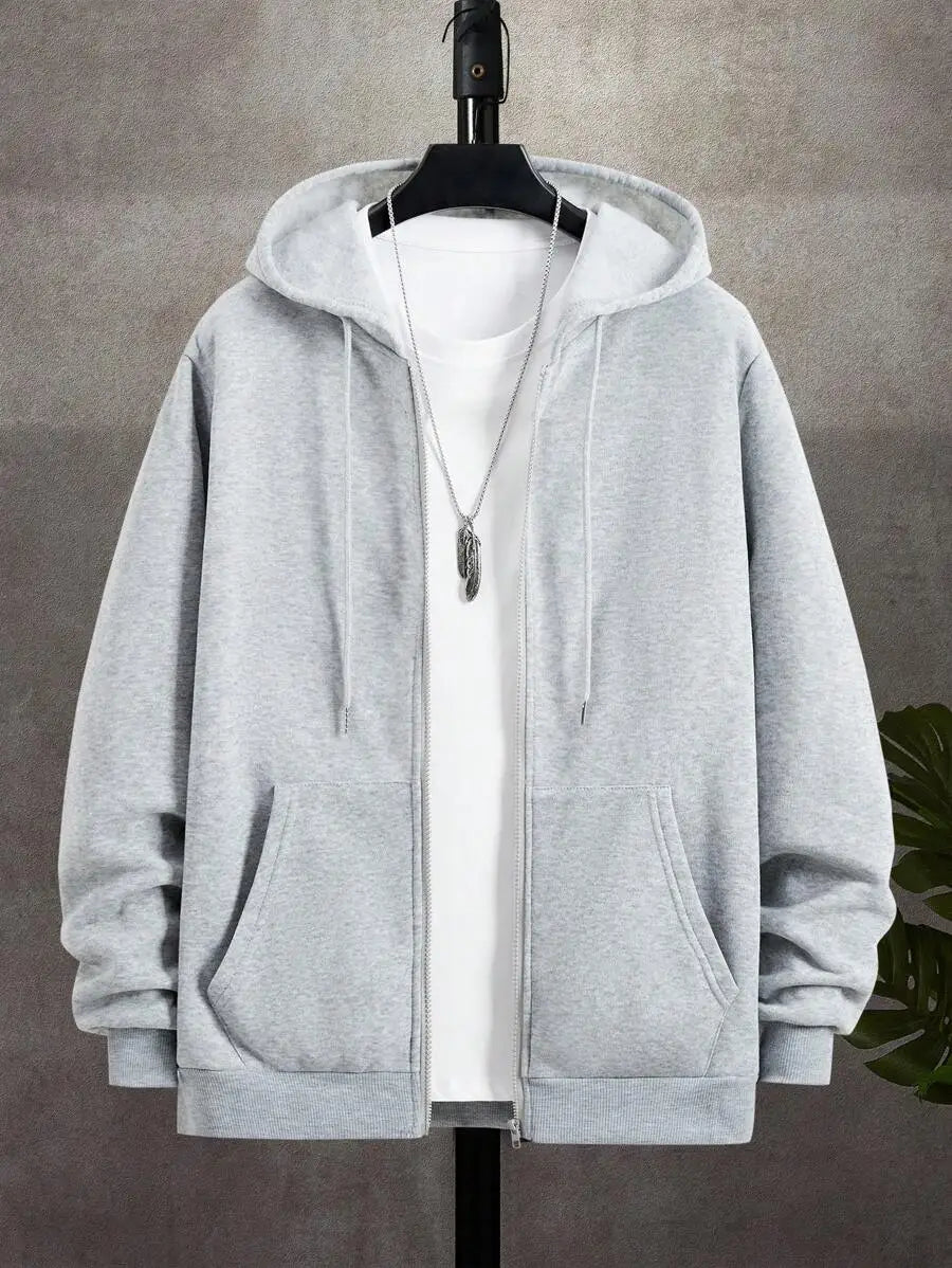 Men's Casual Zip-Up Hoodie with Drawstring, Long Sleeve, Autumn Outdoor Wear