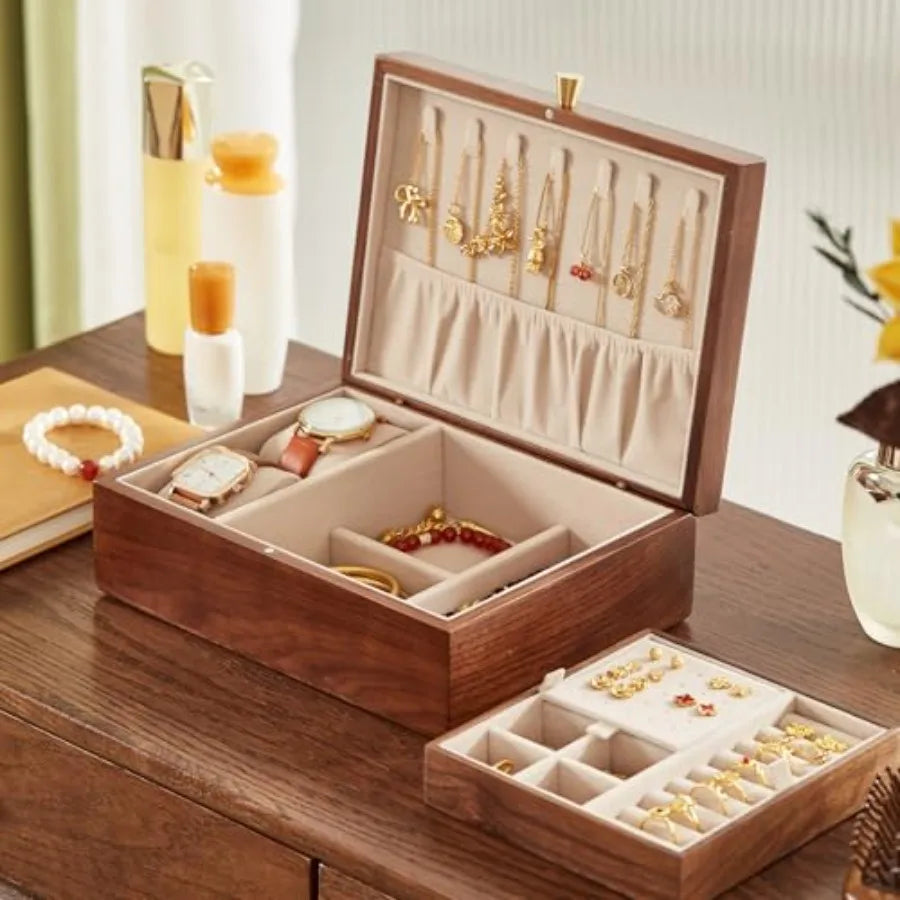 Black Walnut Wooden Jewelry Box for Women 2 Layer Jewelry Organizer with Removable Tray for Watches Rings Earrings Necklace Bra