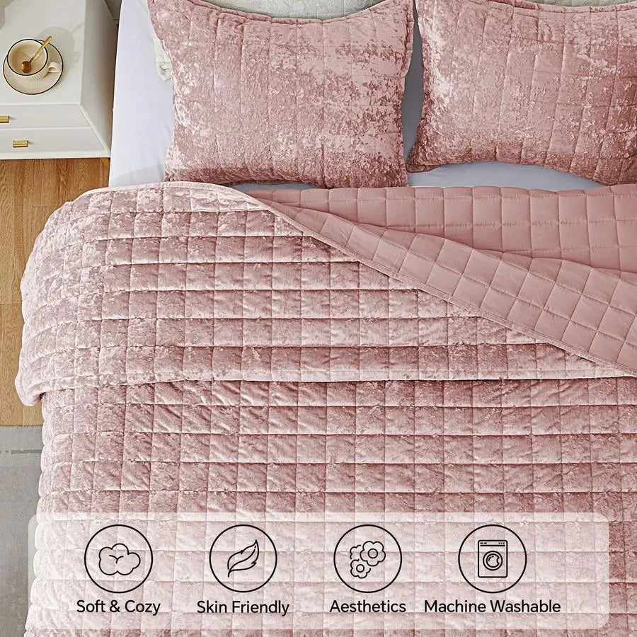 Velvet Quilt Set King Size Luxury Velvet Comforter Bedding Set 3 Pieces, Soft Cozy Dusty Pink Oversized Bedspread Coverlet Valen