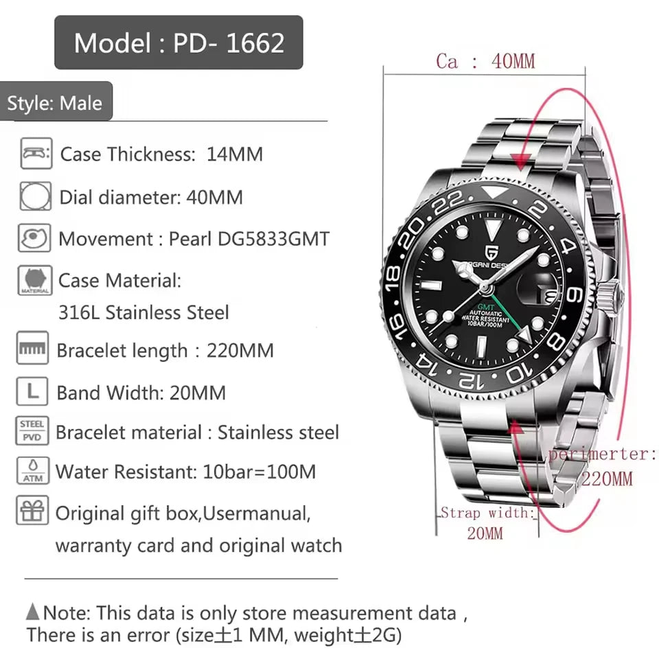 New PAGANI DESIGN GMT Automatic Wristwatch Stainless Steel 100M Waterproof Watch Top Brand 40mm Mechanical luminous Watch Men