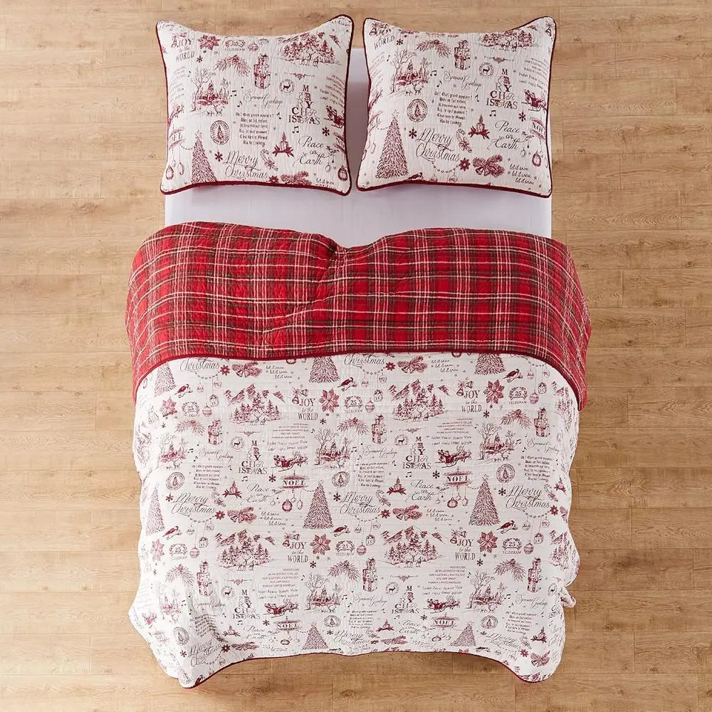 Christmas Script Cotton Quilt Set - Full/Queen (88x92in) with 2 Pillow Shams (26x20in) - Red and Cream - Reversible