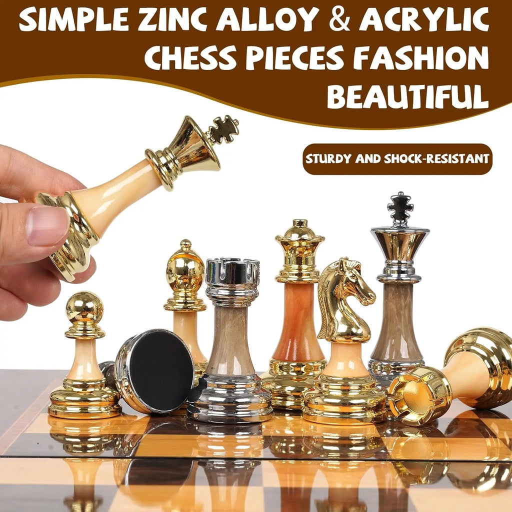 Luxury Metal & Acrylic Chess Set with Wooden Board, 17' Weighted Pieces, 3.5' King, Foldable Tournament Chess Set for Adults Kid
