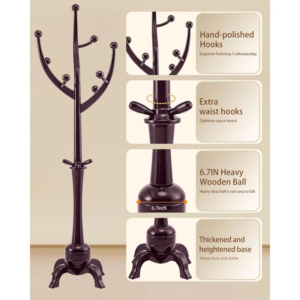 Solid Wood Standing Coat Rack with 11 Hooks, Tree Branch Style Design