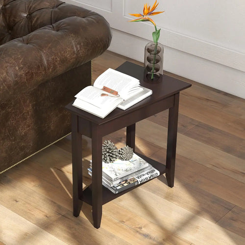 2-Tier Wedge End Table Set of 2, Narrow Triangle Nightstand with Storage, Solid Wood Legs, Espresso